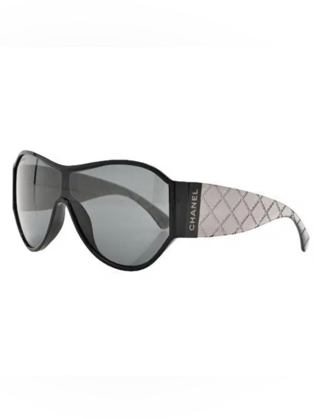 CHANEL Black Sunglasses with Gray Lenses and Patterned Silver Temples